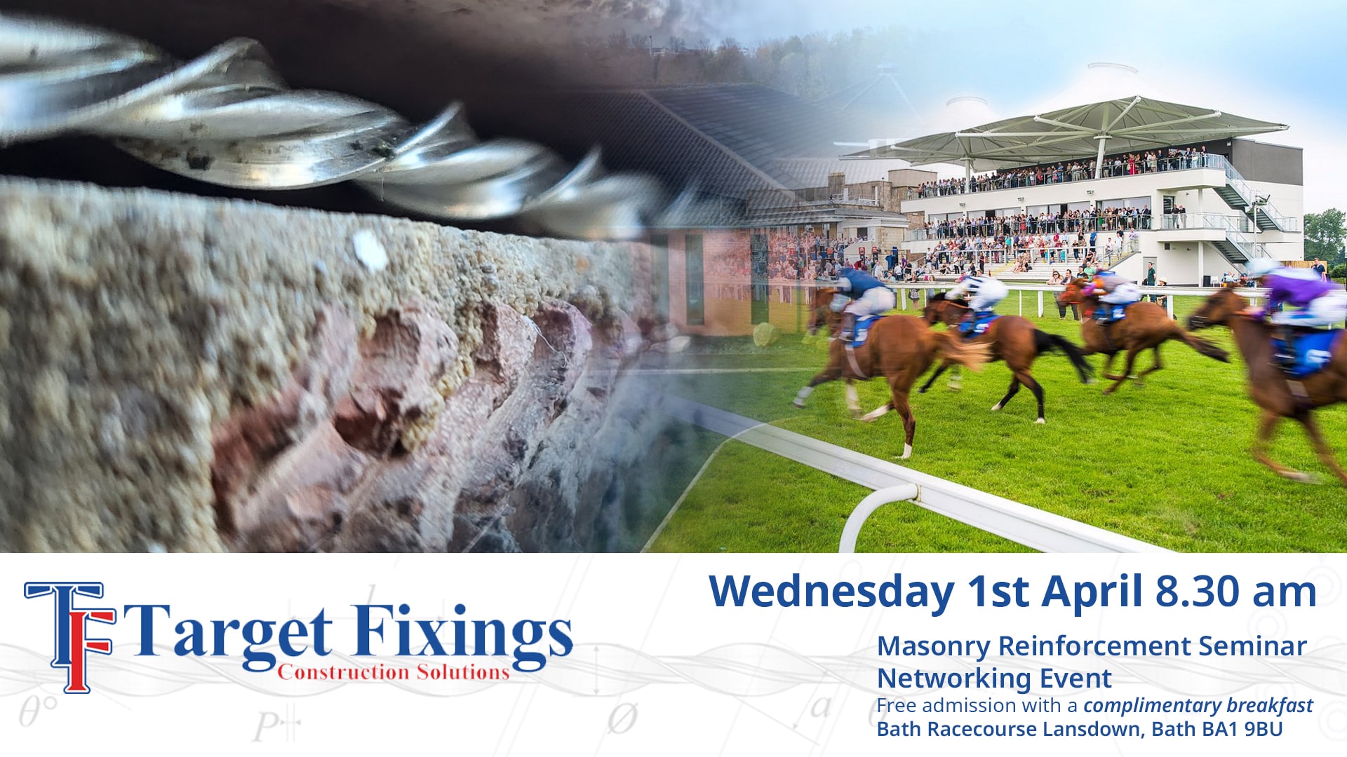 Free CPD on Masonry reinforcement hosted by Target Fixings at Bath Racecourse on Wednesday 1st April. Free breakfast and refreshments provided
